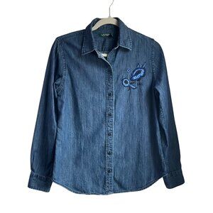 Lauren Ralph Lauren Small Denim Button Shirt Floral Embroidered Long Sleeve Boho